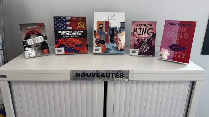 Photo meuble nouveautés du CDI. 5 livres.